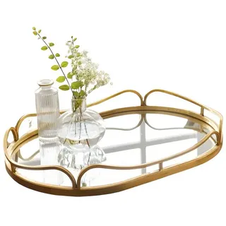 Dekoleidenschaft Spiegeltablett Gold 50x34 cm groß, Tablett mit großer Spiegelfläche, goldenes Metall, Serviertablett oval, Dekotablett,