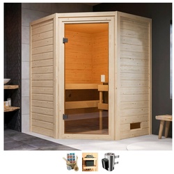 welltime Sauna Anni, BxTxH: 145 x 145 x 187 cm, 38 mm, 3,6-kW-Plug & Play Ofen mit int. Steuerung beige