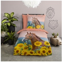 Bettwäsche Pferde Sonnenblumen 135x200 + 80x80 cm, 100 % Baumwolle, MTOnlinehandel, Renforcé, 2 teilig, Bettwäsche-Set mit Pferdemotiv bunt