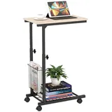 COSTWAY Laptoptisch, höhenverstellbar mit Rollen&Aufbewahrungskorb, fürs Bett beige