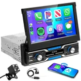 32G Wireless Carplay Android Autoradio 1 Din mit DAB/DAB+ Modul Android Auto Navi GPS WiFi 7 Zoll Automatisch Ausfahrbares Bildschirm Autoradio mit Mirror Link Bluetooth FM/RDS/DAB/SWC Rückfahrkamera