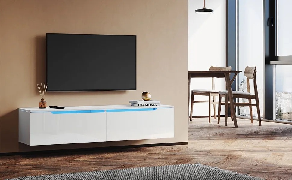 SONNI Lowboard TV Schrank, Weiß, Lowboard, TV Board, Fernsehschrank, mit 12 Led Farben Beleuchtung, Hängend, Hochglanz, 140cm x 35cm x 30cm weiß