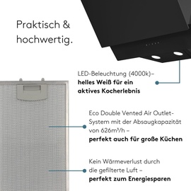 Wiggo A642 Dunstabzugshaube 60cm kopffrei I Abluft Umluft Dunstabzug 626m3/h - Touch-Display 4 Stufen I Energieeffizienzklasse A Schräghaube inkl... - schwarz