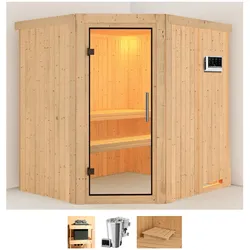 Sauna KARIBU "Laila", beige (naturbelassen), Bio-Kombiofen, externe Steuerung, 3,6 kW, Saunen, 3,6-kW-Bio-Plug & Play Ofen mit externer Steuerung
