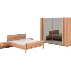 Musterring Schlafzimmer-Set Sorrent, Kleiderschrank, Bett & Nachtkommoden, teilmassiv Eiche, (2er-Set Nachtschränke, Drehtürenschrank 300 cm, Bett 180x200 cm), Bett mit Stollenfuß, Eiche teilmassiv, Spiegeltüren in Parsol-Bronze braun