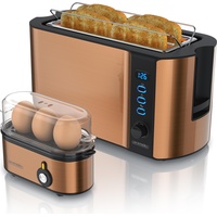 Arendo Frühstücks Set, 4-Scheiben Langschlitz Toaster mit Brötchenaufsatz & Eierkocher für 3 Eier, Kupfer, Eierkocher, Kupfer