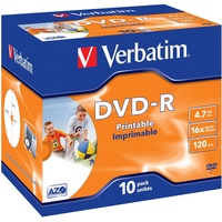 Verbatim DVD-R Wide Inkjet Printable 4.7GB, 10er Pack Jewel Case l, DVD Rohlinge bedruckbar, 16-fache Brenngeschwindigkeit & Hardcoat Scratch Guard, DVD-R Rohlinge printable, DVD leer