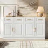 Calivra Sideboard, 140cm Breit Küchenschrank mit Arbeitsplatte, Kommode Küche mit 4 Türen und 4 Schubladen, Küchenbuffet Buffetschrank Anrichte mit Griffen für Wohnzimmer Küche Esszimmer - Weiß