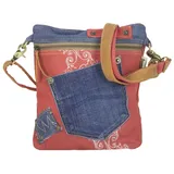 Sunsa Damen Tasche Nachhaltige Handtasche aus recycelte Jeans Canvas & Leder. Crossover bag in Vintage Stil. blau/rot Shultetasche. Geschenk Idee für Frauen rot blau
