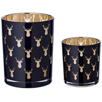 Edzard 2er-Set Teelichtglas Rosy (Höhe 8 & 13 cm), schwarz, Hirsch-Motiv