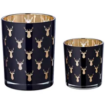 Edzard 2er-Set Teelichtglas Rosy (Höhe 8 & 13 cm), schwarz, Hirsch-Motiv