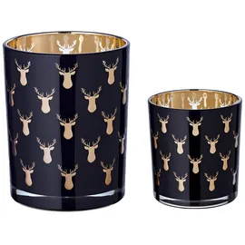 Edzard 2er-Set Teelichtglas Rosy (Höhe 8 & 13 cm), schwarz, Hirsch-Motiv
