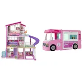 Barbie GNH53 Traumvilla Dreamhouse Adventures Puppenhaus mit 3 Etagen, 8 Zimmer & GHL93-3-in-1 Super Abenteuer-Camper, ca. 91 cm, umwandelbarer Camper für Puppen mit Pool