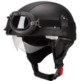 Vintage Deutsch Leder Motorrad Halbhelm, ECE-geprüft Männer Frauen Halbschalenhelme mit Schutzbrille und Visier, Retro Offener Schutzhelm für Fahrrad Cruiser Scooter Chopper