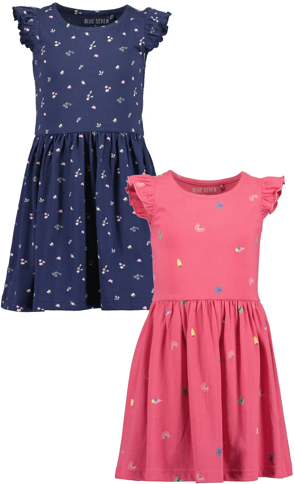 Jerseykleid BLUE SEVEN, Mädchen, Gr. 122, N-Gr, multipack 1, Jersey, Obermaterial: 100% Baumwolle, bedruckt, Basic knieumspielend, Rundhals, Flügelärmel, Kleider Jerseykleid