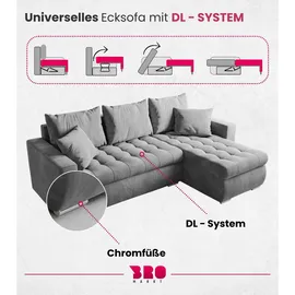 bromarkt Ecksofa LUIS Schlaffunktion Bettkasten L-Form 238x148x88cm Hellgrau - Hellgrau