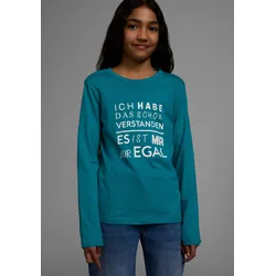 Langarmshirt KIDSWORLD "Ich hab das schon verstanden - es ist mir nur egal", Mädchen, Gr. 176/182, blau (petrol), Obermaterial: 100% Baumwolle, bedruckt, Basic, Rundhals, Langarm, Shirts, Langarm, Basic-Passform, mit Statements/Sprüchen