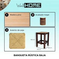 WellHome - Rustikale niedrige Bank aus Holz, Nussbaum-Finish 32,5x32,5x48,5 cm