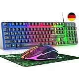 QWERTZ Deutsches DE Layout Kabelgebundene Gaming Tastatur und Maus Set 104 tasten LED Regenbogen Farben Beleuchtete 2400 DPI 6-Tasten-Maus Tastatur und Maus kompatibel mit PC PS5 PS4 Xbox-Schwarze