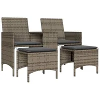 vidaXL Gartensofa 2-Sitzer mit Tisch und Hockern Grau Poly Rattan