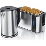 Arendo 2-teiliges Frühstücksset, Edelstahl Wasserkocher 2200W, 4-Scheiben Langschlitz Toaster, Silber