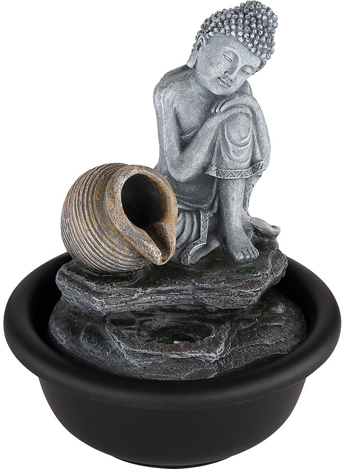 Zimmerbrunnen Buddha Wasserfall Springbrunnen Deko LED-Licht H 19 cm Grau