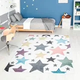 Carpet City Kinderteppich »ANIME903«, rechteckig, 11 mm Höhe, Kinderzimmer Teppich Modern mit Mond, Blumen, Wolken, Creme, Multi