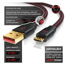 Primewire Micro-USB 2.0 zu USB Typ A Kabel, UltimateCharge MicroUSB 2.0 Schnellladekabel mit Datenübertragung - 5m