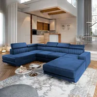 Masseno Ecksofa SIENA R-S mit Schlaffunktion U-Form, Sofa mit Bettkasten, Wohnzimmersofa, Couch, Soffa, Bettsofa, Couchgarnitur- Blau, MONOLITH 77 - Blau