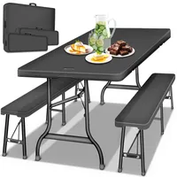 tillvex® Bierzeltgarnitur klappbar 3-teilig Set | Kunststoff Gartengarnitur wetterfest 180 cm | Gartenmöbel Set Indoor & Outdoor mit Gartentisch und Bänken | Festzeltgarnitur (Dunkelgrau)