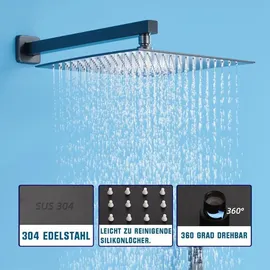 XIIW Unterputz Duscharmatur Set inkl.30X30cm Kopfbrause, 200mm Handbrause, Messingkörper, Regendusche Schwarz,