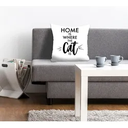 Dekokissen QUEENCE "Home is where the Cat is", schwarz (schwarz, weiß, bedruckt), B:40cm L:40cm, Polyester, Dekokissen_Sitzkissen_Kissenhüllen, Kissenhülle,Spruch,Home is where the cat is,Weiß,Liebe,Katze