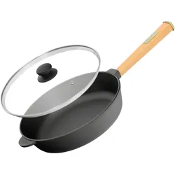 BRIZOLL Ø28cm Gusseisenpfanne 70mm hoch mit Holzgriff und Glasdeckel Induktion Bratpfanne