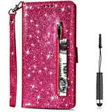 [NO für P20] Vectady für Huawei P20 Pro Hülle, Lederhülle Schutzhülle Tasche Leder Handyhülle Handytasche Case Glitzer Hüllen mit Kartenfach Leder Cover Ledertasche für Huawei P20 Pro - Rose Rot