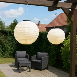GLOBO Solarlampe Lampion Außenleuchte LED Hängelampe Gartenleuchte sandfarben Außenlampe Pendelleuchte, Edelstahl Kunststoff, warmweiß, DxH 30x 55 cm, 2er