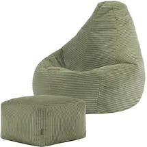 I.C.O.N. Icon Dalton Sitzsack Kinder mit Hocker, Grün, Flauschiger Cord Stoff, Sitzsack Cord mit Füllung, Bequemer Kinder Gaming Sessel, Kuschelsessel, Lese Sessel, Schlafzimmer, Kinderzimmer, Spielzimmer