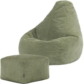 I.C.O.N. Icon Dalton Sitzsack Kinder mit Hocker, Grün, Flauschiger Cord Stoff, Sitzsack Cord mit Füllung, Bequemer Kinder Gaming Sessel, Kuschelsessel, Lese Sessel, Schlafzimmer, Kinderzimmer, Spielzimmer