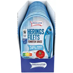 Dreimaster Heringsfilet in Tomatensauce weniger Fett 200 g, 18er Pack
