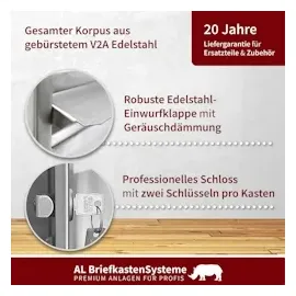 AL Briefkastensysteme 2er Premium V2A Edelstahl Briefkastenanlage Silber inkl. Zeitungsfach