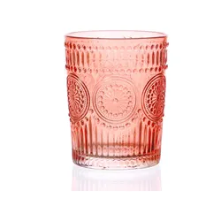 Trinkglas Vintage mit Blumenmuster - Glas - 280ml - H: 10cm - Bohostil - rot/rosa