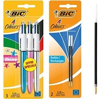 BIC 4 Farben Kugelschreiber Set 4 Colours Shine 3er Pack & 2er Pack Kugelschreiberminen blau, dokumentenechte Tinte