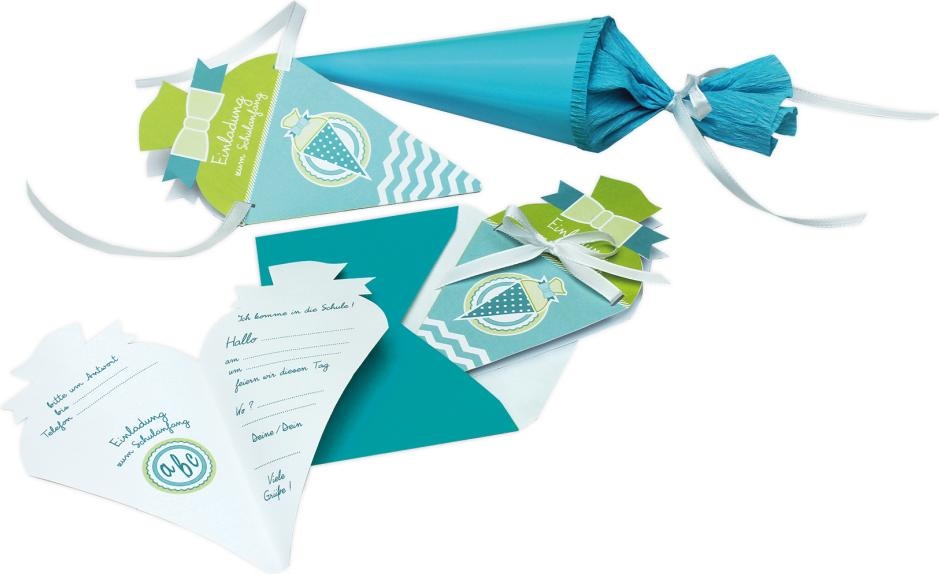 Roth, Grusskarte + Briefpapier, Einladungskarte Schulanfang "Schultüte" türkis-grün