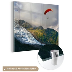 MuchoWow Acrylglasbild Alpen – Gleitschirmfliegen – Schnee, (1 St), Glasbilder – Bilder auf Glas Wandbild – Foto auf Glas – Wanddekoration bunt Quadratisch – 20 cm x 20 cm x 0.5 cm