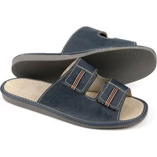 Herren Hausschuhe Pantoletten – Marineblau – Echtleder-Sohle – Klettverschluss Gr. 44 - Blau/Dunkelblau - 44