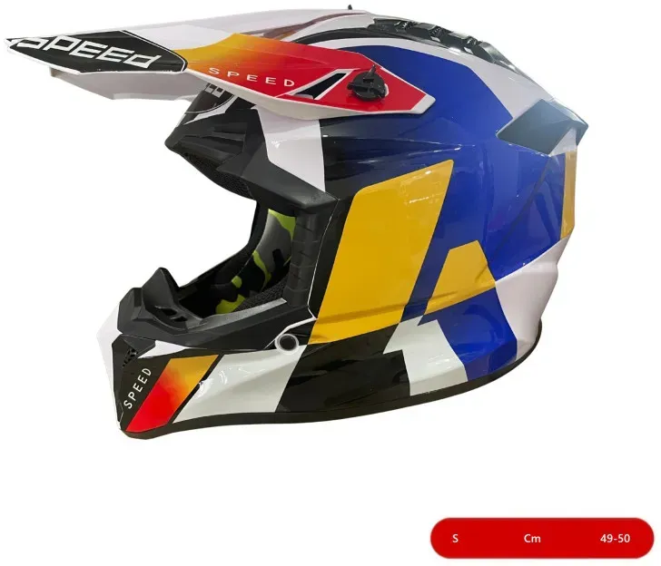 Kinder-Motocross-/Enduro-Helm für Motorrad, ATV, Fahrrad – Größe S (49–50 cm) weiß mit gelb-blauem Design