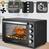 Jago® Minibackofen mit Umluft Drehspieß, Innenbeleuchtung, elektrisch, 60L, 6 Kochmodi, 2000W, Timer, 100 °, 230 °, Doppelglastür,