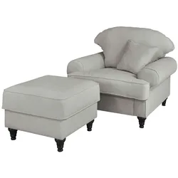 Furn.Design Sessel Set in hellgrau Landhaus Loungesessel inklusive Hocker Adelina