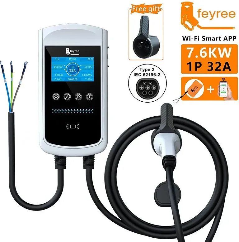 feyree Typ 2 EV‐Ladestation, 32 A, 7,6 kW, Auto‐Ladestation, EVSE‐Ladestation, Wandladestation, 4,3‐Zoll‐Display, Smart‐App‐Steuerung