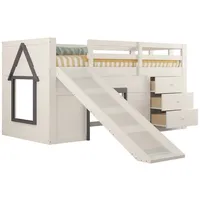 MODFU Hochbett Kinderbett,Einzelbett (mit Rutsche, Creme – Mit 3 Schubladen, 2 Türen & Stauraum., 90x200 cm) 95 cm x 213 cm x 107 cm