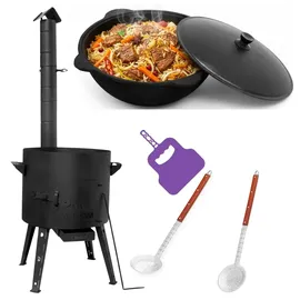 4big.fun Ø49 2mm stahl Utschak mit Abzugsrohr 22L Kazan Grillfächer Schaumkelle Suppenkelle Utschak Utschag Kasan Feldküche Außenküche Eintopfofen Gulaschkanone